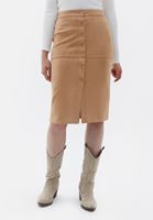 Women Beige Suede Midi Skirt with Buttons