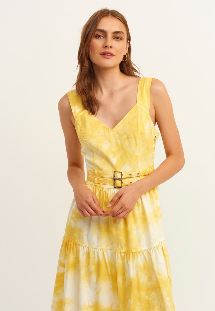 Bayan Sarı Batik Desenli Midi Elbise ( TENCEL™ )