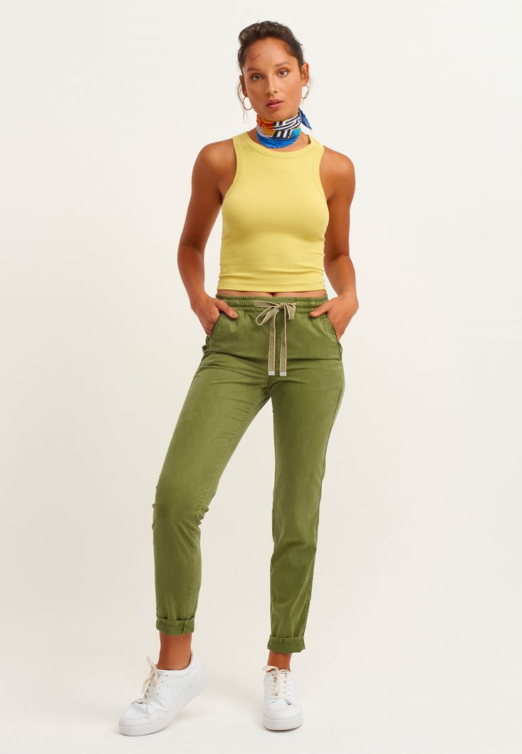Bayan Yeşil Beli Lastikli Carrot-Fit Pantolon ( TENCEL™ )