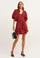 Women Bordeaux Ruffled Mini Dress With Puff Sleeves