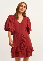 Women Bordeaux Ruffled Mini Dress With Puff Sleeves