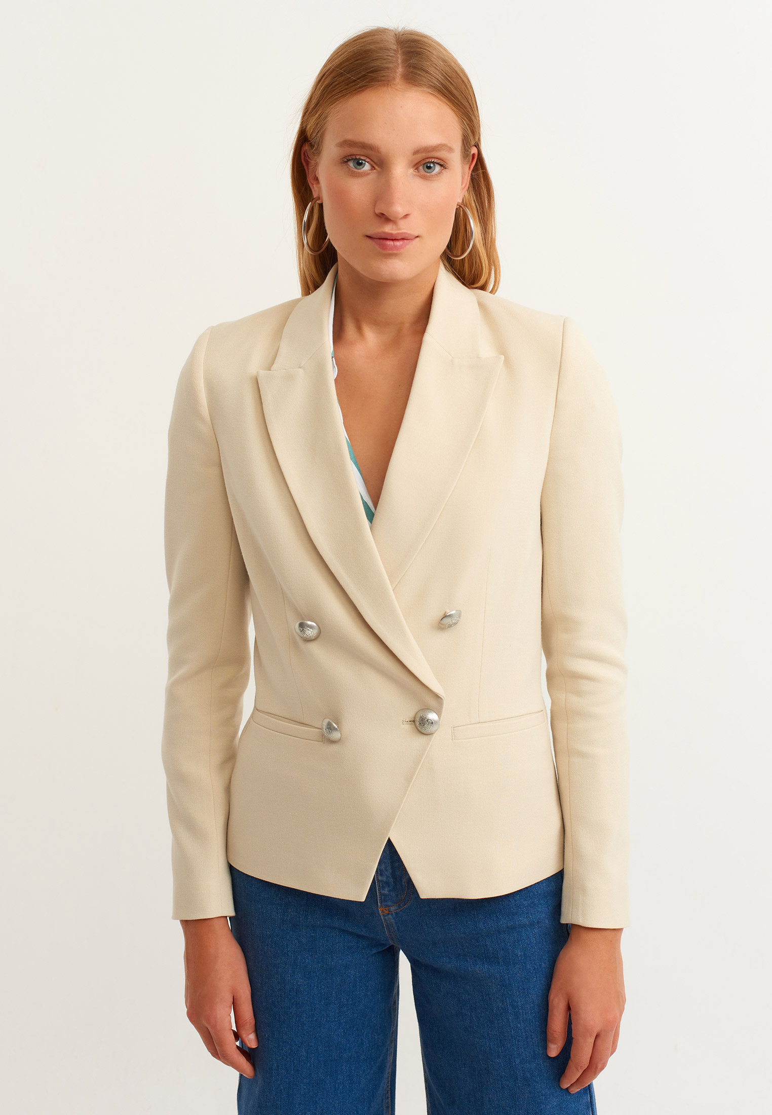 Women Beige Button Blazer Jacket