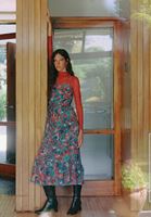 Bayan Çok Renkli Volan Detaylı Desenli Midi Elbise
