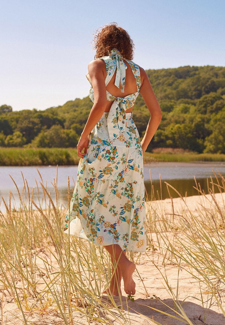 Bayan Çok Renkli Floral Desenli ve Fırfırlı Midi Elbise