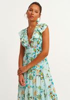 Bayan Çok Renkli Floral Desenli ve Fırfırlı Midi Elbise