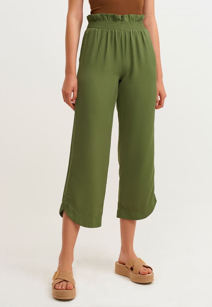 Bayan Yeşil Beli Lastikli Bol Pantolon