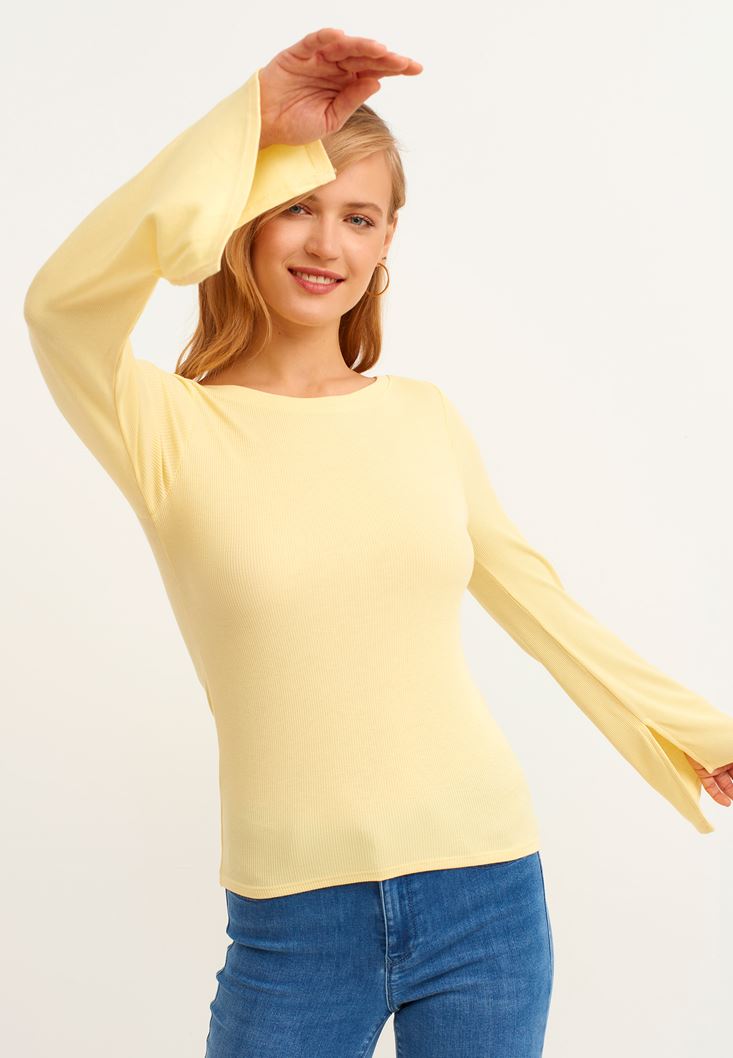 Bayan Sarı Flare Kollu Tişört