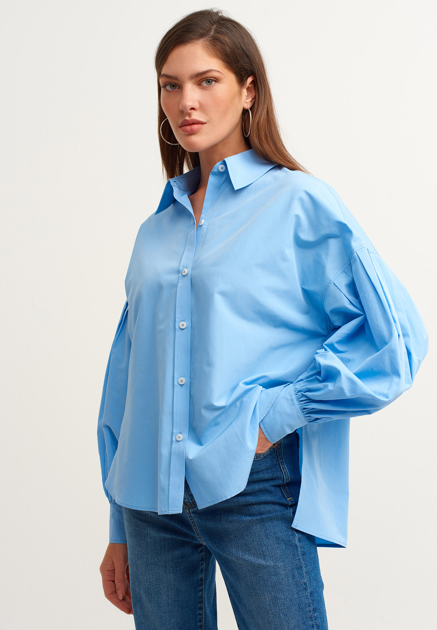 Women Blue Balloon Sleeve Poplin Shirt