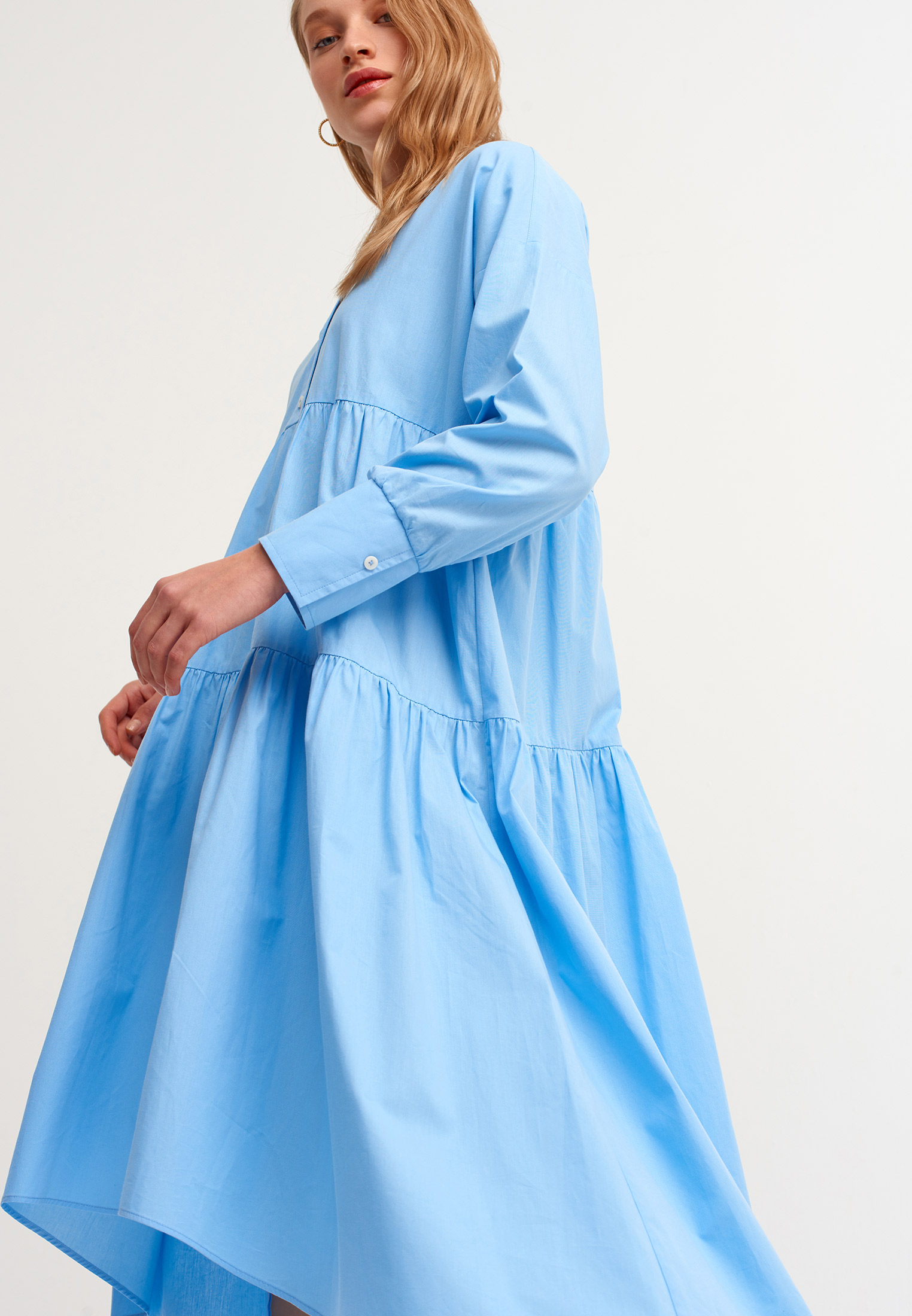 Women Blue Oversize Cotton Dress With Ruffles