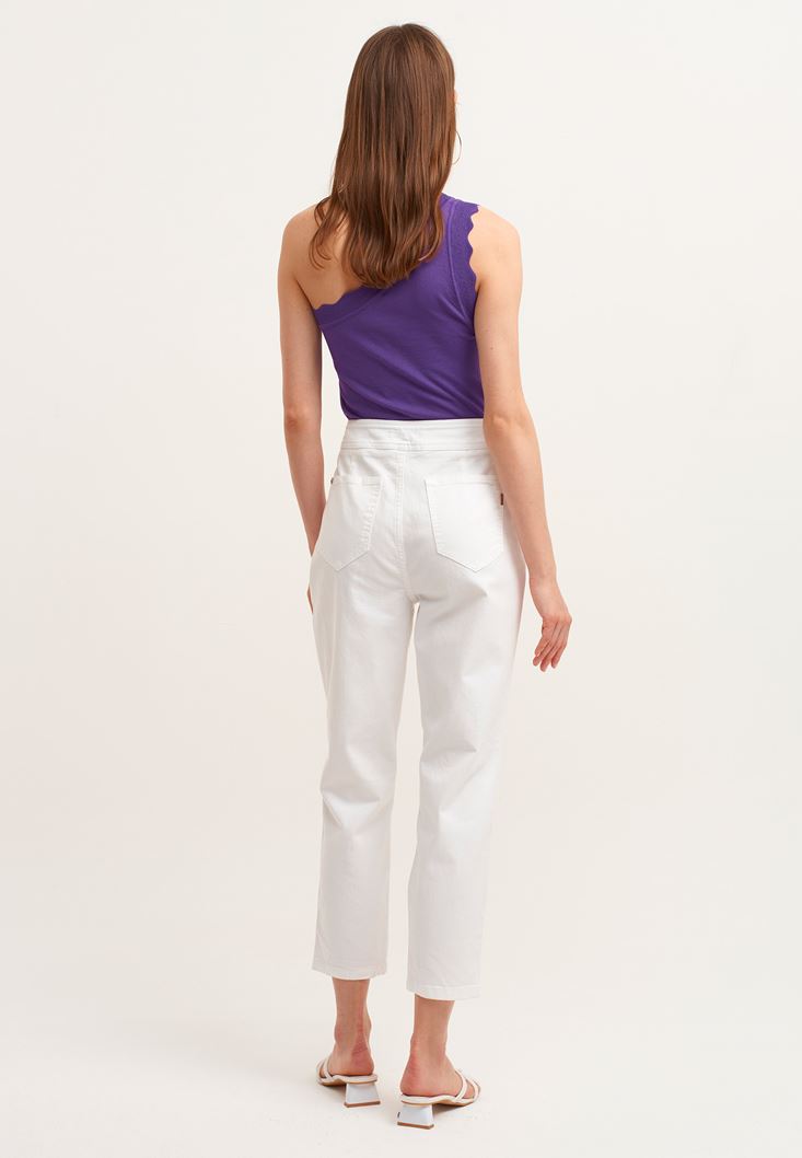 Bayan Beyaz Ultra Yüksek Bel Mom-Fit Pantolon