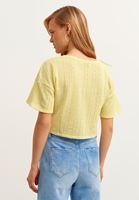 Bayan Sarı V-Neck Ajurlu Crop Bluz