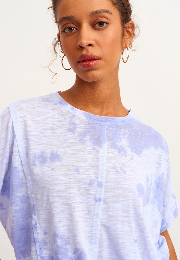 Bayan Mavi Batik Desenli Crop Tişört