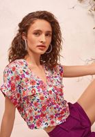 Bayan Çok Renkli Floral Desenli Crop Bluz