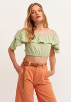 Bayan Yeşil Fırfırlı Crop Bluz