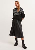 Women Black Pleated Vegan Leather Midi Skirt