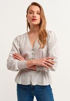 Women Grey Romantic Shirred Blouse