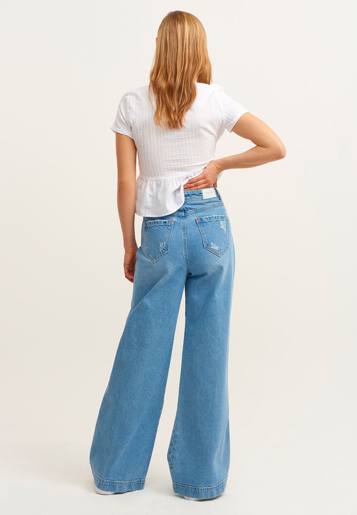 Bayan Mavi Cut-Out Detaylı Wide-Leg Denim Pantolon