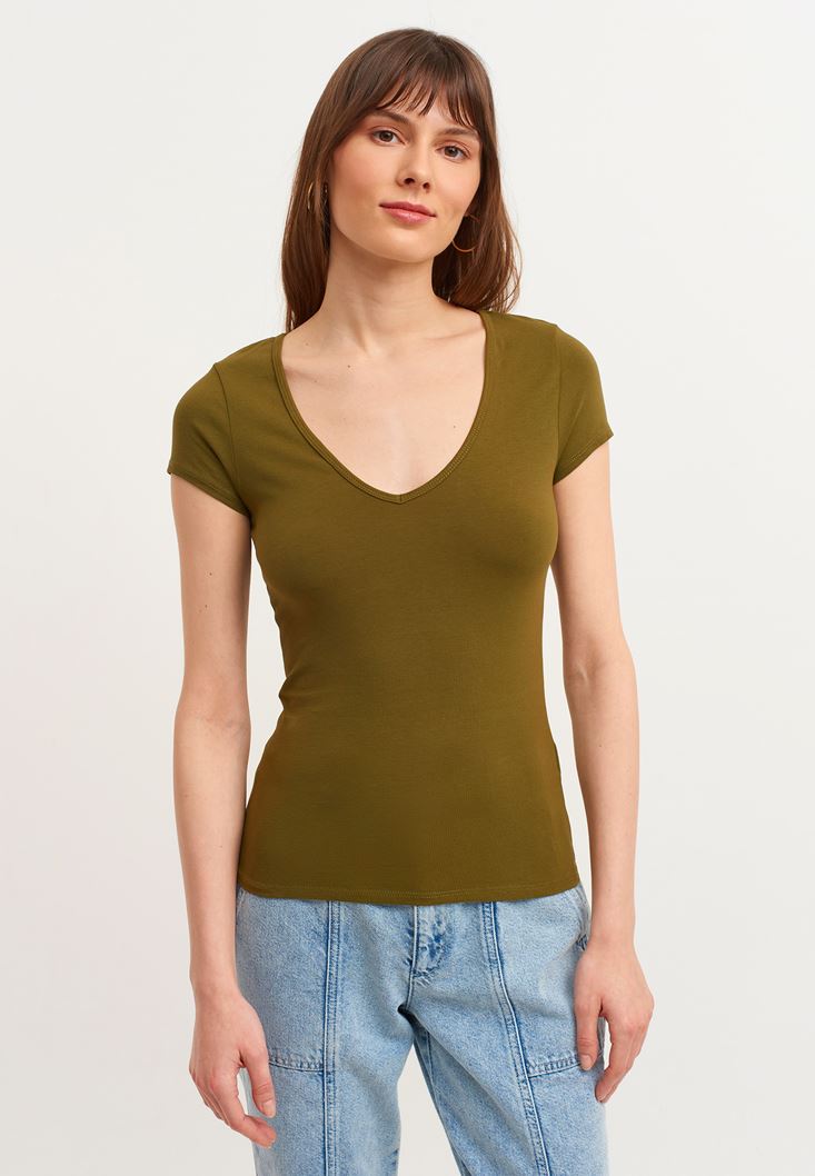 Bayan Yeşil Pamuklu V-Neck Tişört