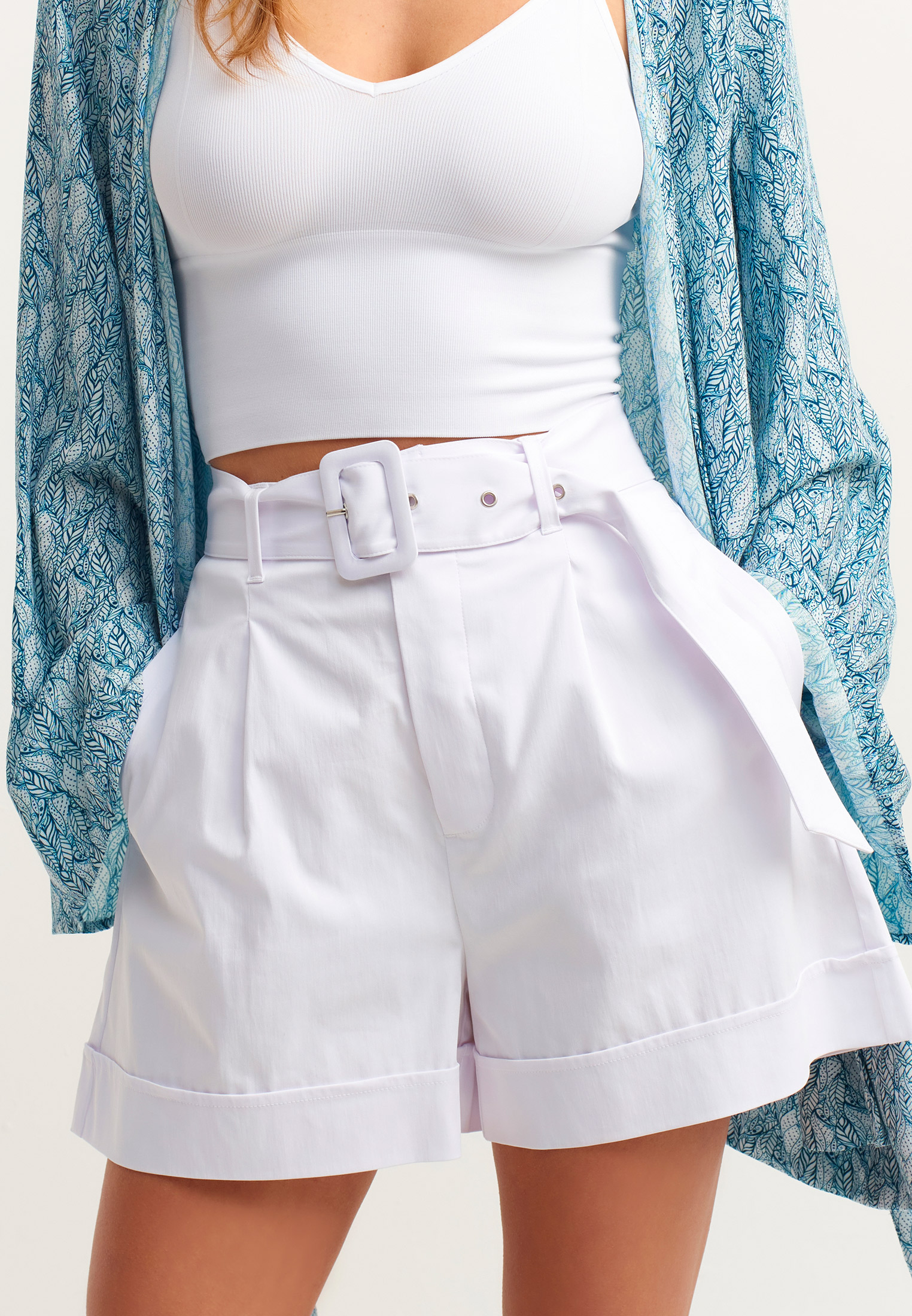 Women White Ultra High Rise Belted Shorts