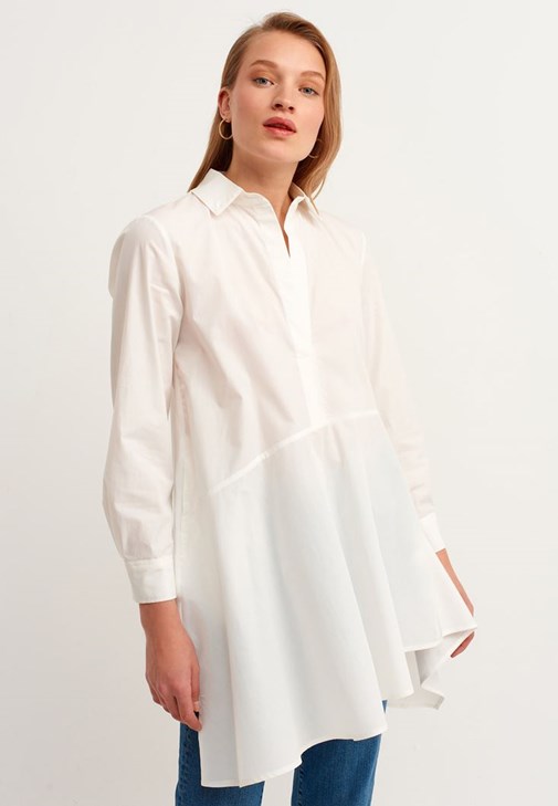 Cream Cotton Ruffled Shirt Dress 