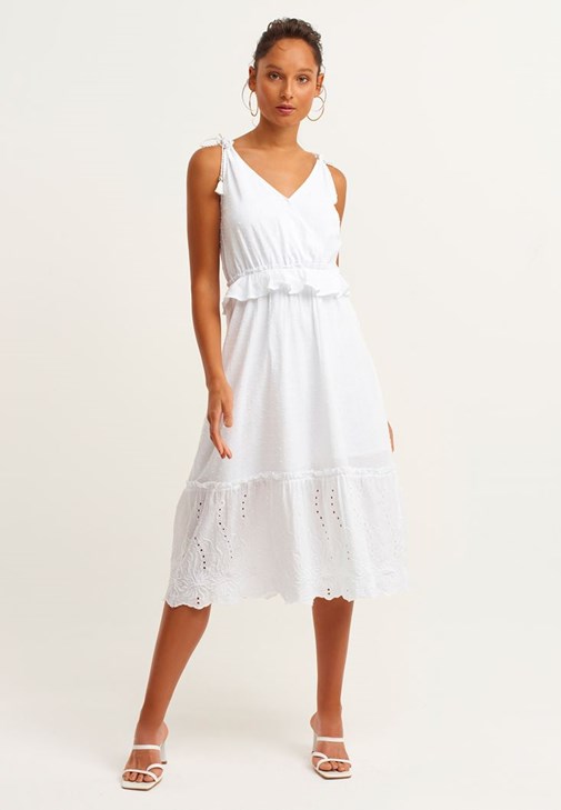 White Double-Breasted Midi Dress 