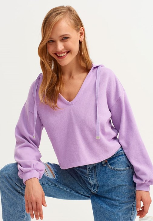 Purple Hooded Crop Knitwear 