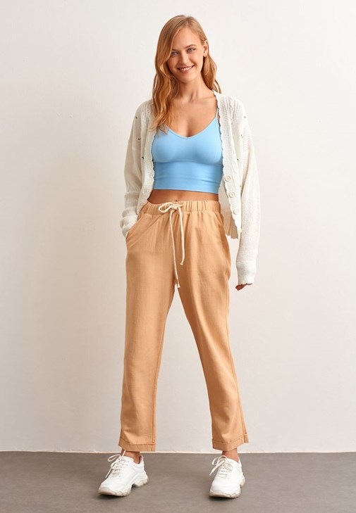 genezen thema Somber Beige Casual Soft Textured Trousers Online Shopping | OXXOSHOP