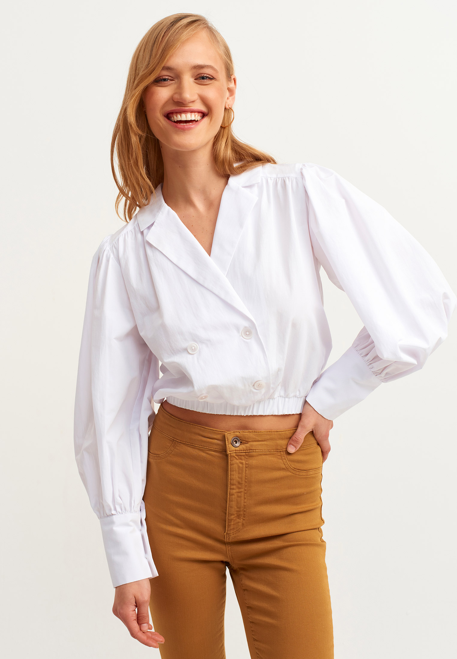 Women White Double Breasted Crop Shirt