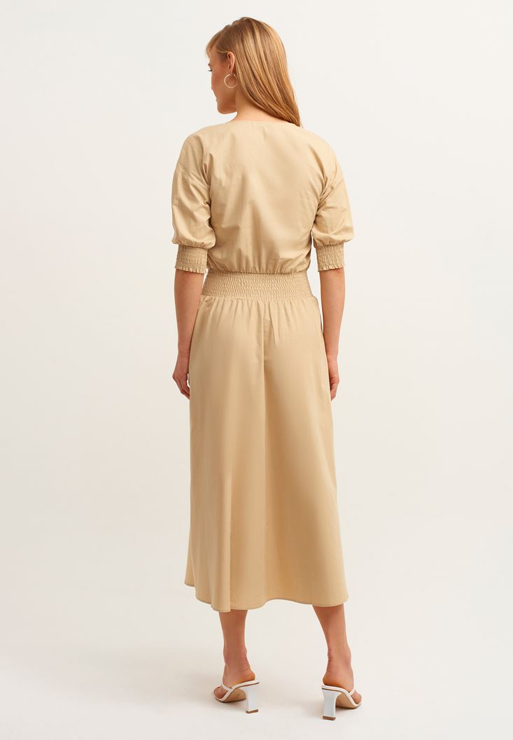 Bayan Bej Gipe Detaylı Midi Elbise