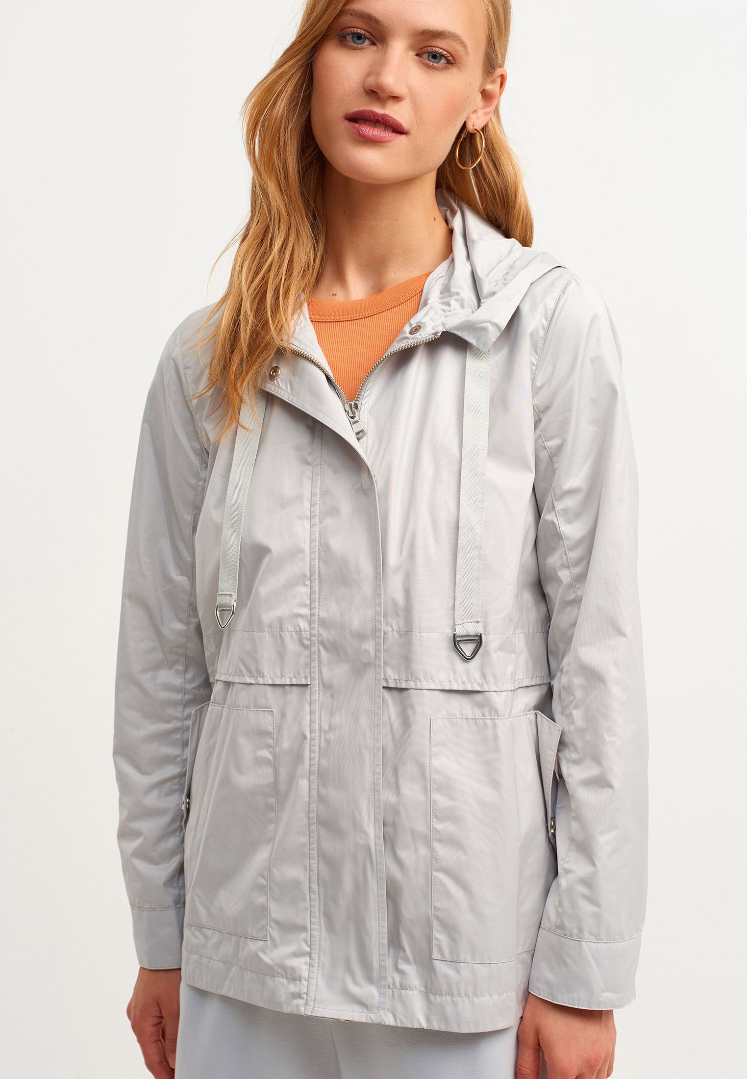 Women Grey Hooded Casual Raincoat with Pocket Detail