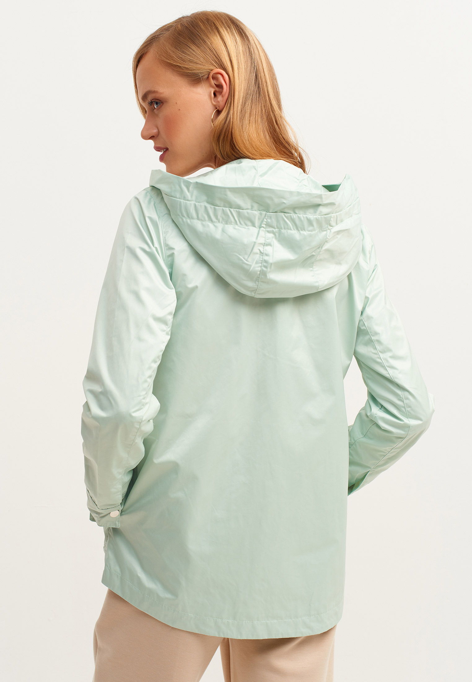 Women Green Hooded Casual Raincoat with Pocket Detail