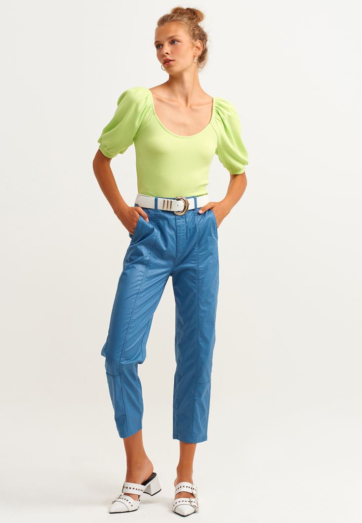 Bayan Yeşil Balon Kollu Crop Bluz
