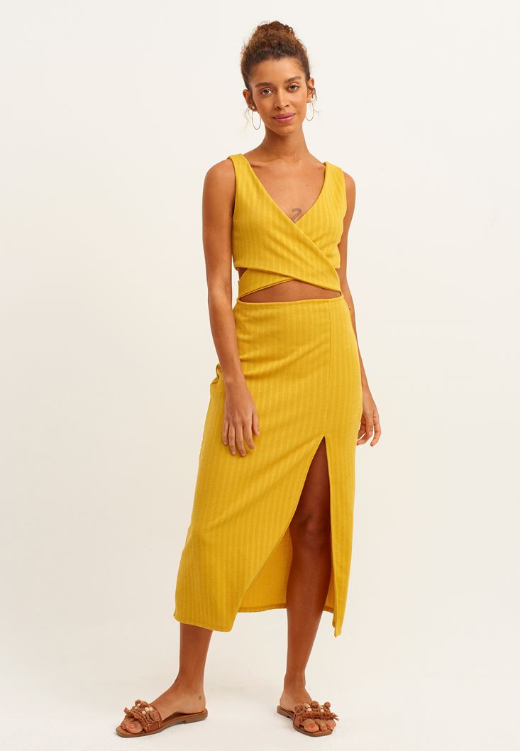 Bayan Sarı Cut-Out ve Yırtmaç Detaylı Elbise