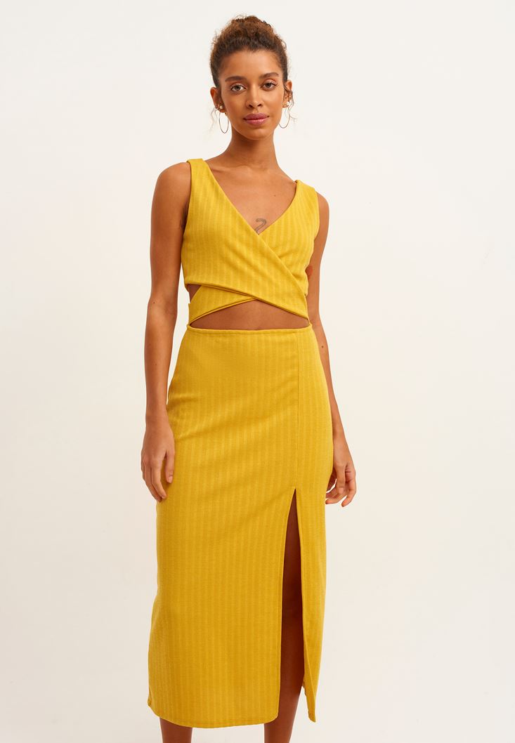 Bayan Sarı Cut-Out ve Yırtmaç Detaylı Elbise