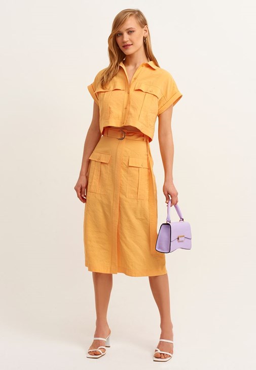 Yellow Pocket and Belt Midi Skirt 