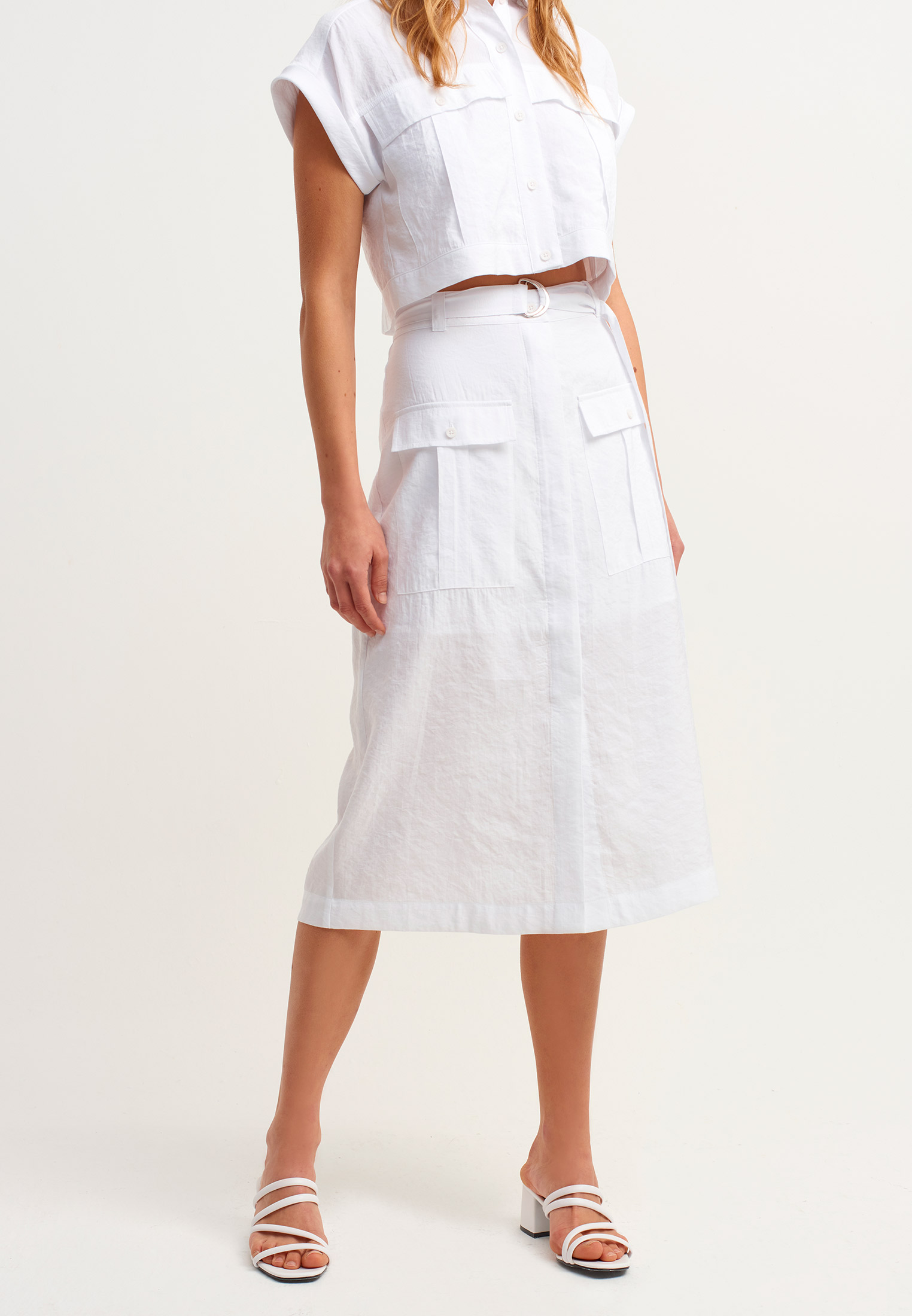 Women White Pocket and Belt Midi Skirt