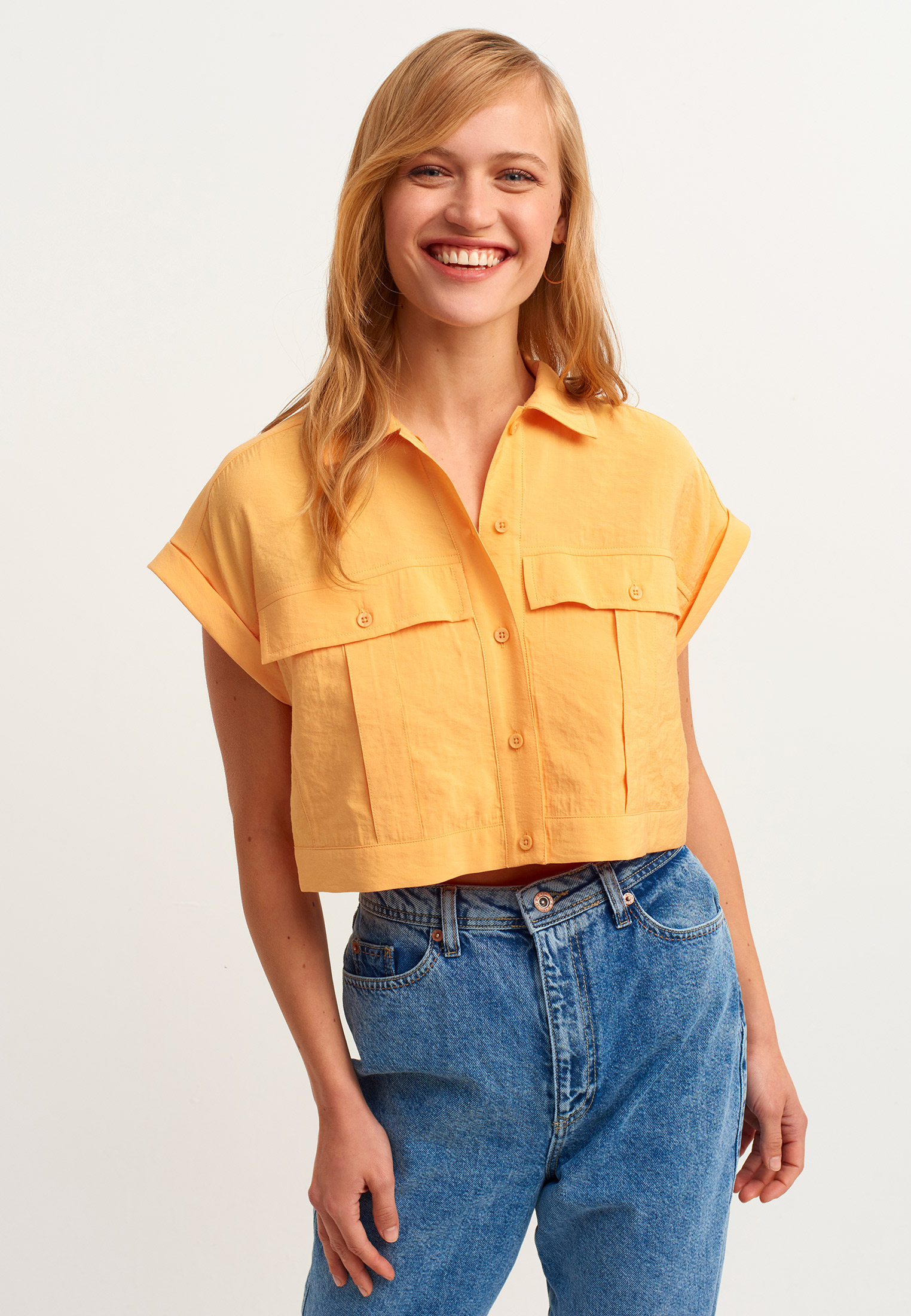 Women Yellow Pocket Detailed Crop Shirt