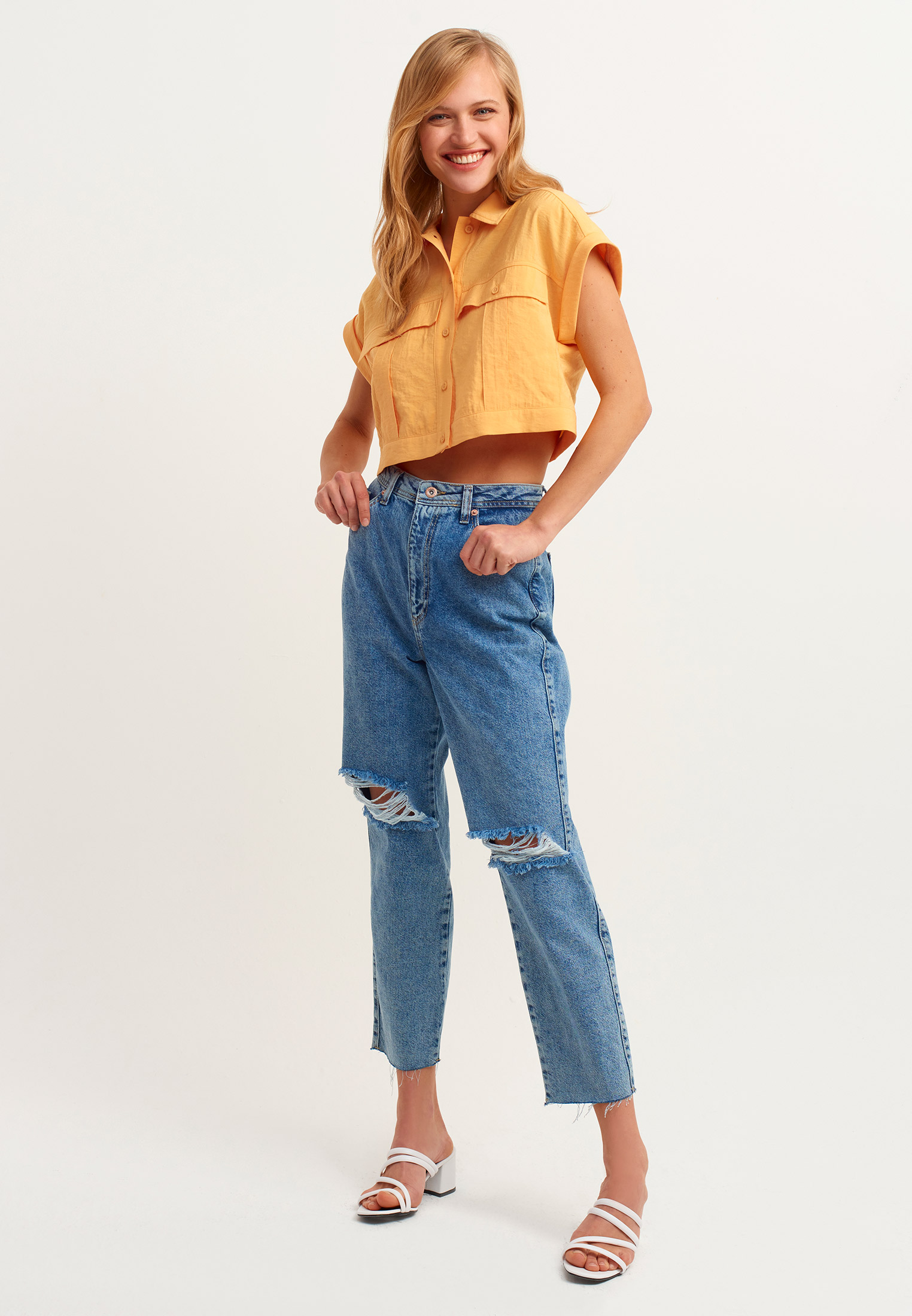 Women Yellow Pocket Detailed Crop Shirt