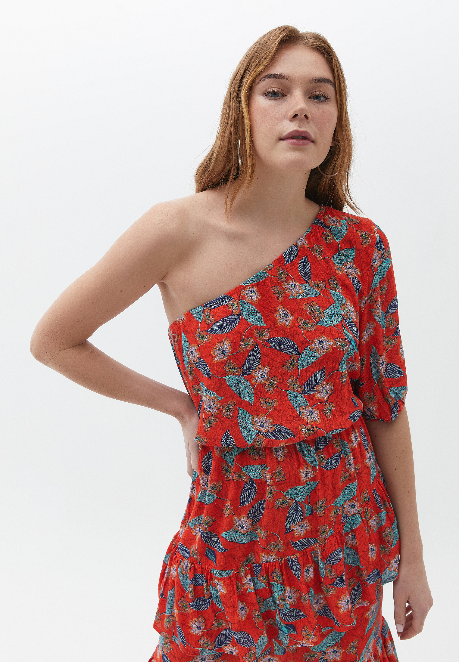 Women Mixed Midi Dress with Floral Pattern