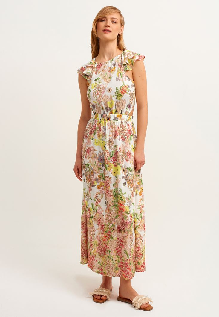 Bayan Çok Renkli Fırfırlı ve Cut-Out Detaylı Maxi Elbise