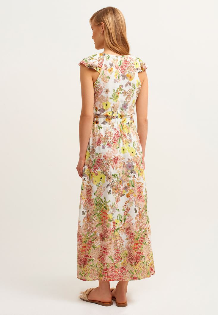 Bayan Çok Renkli Fırfırlı ve Cut-Out Detaylı Maxi Elbise