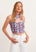 Bayan Çok Renkli Geometrik Desenli Crop Bluz
