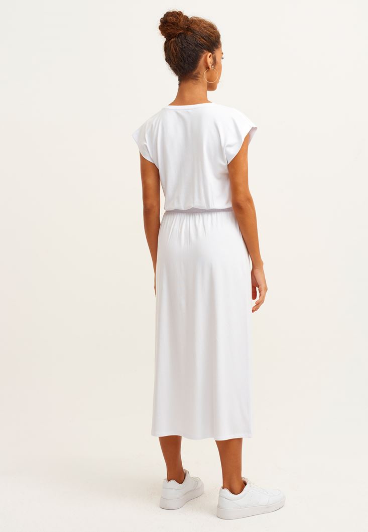 Bayan Beyaz V-Neck Midi Elbise