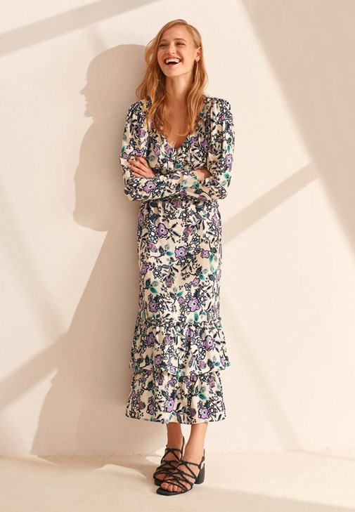 Mixed Floral Patterned Ruffle Maxi Dress 
