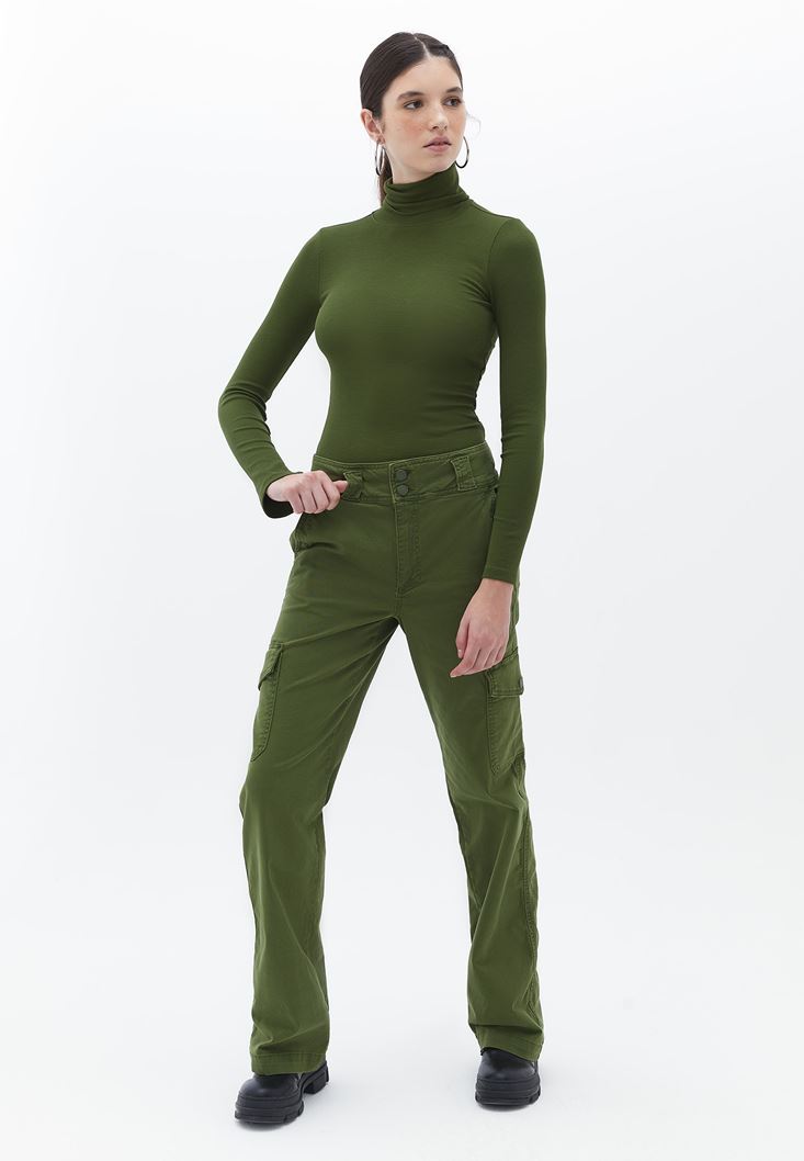 Bayan Yeşil Orta Bel Kargo Pantolon