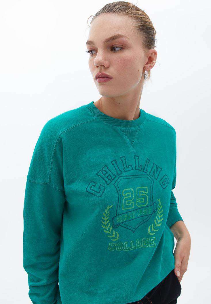 Bayan Yeşil Baskılı Oversize Sweatshirt