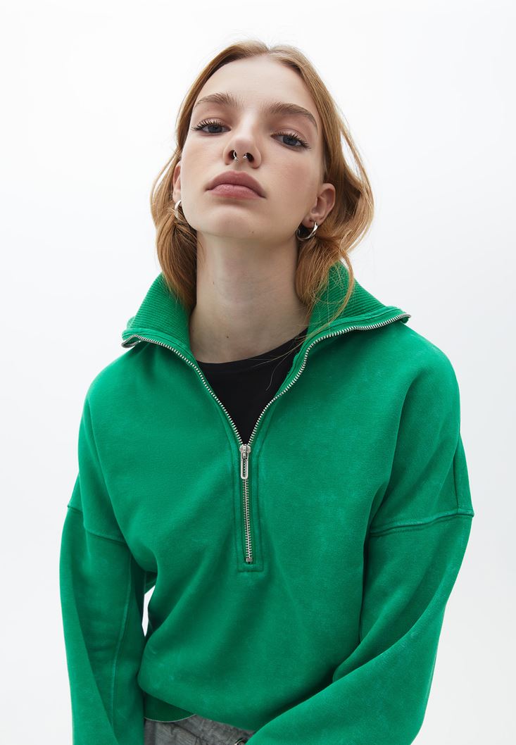 Bayan Yeşil Fermuar Detaylı Sweatshirt