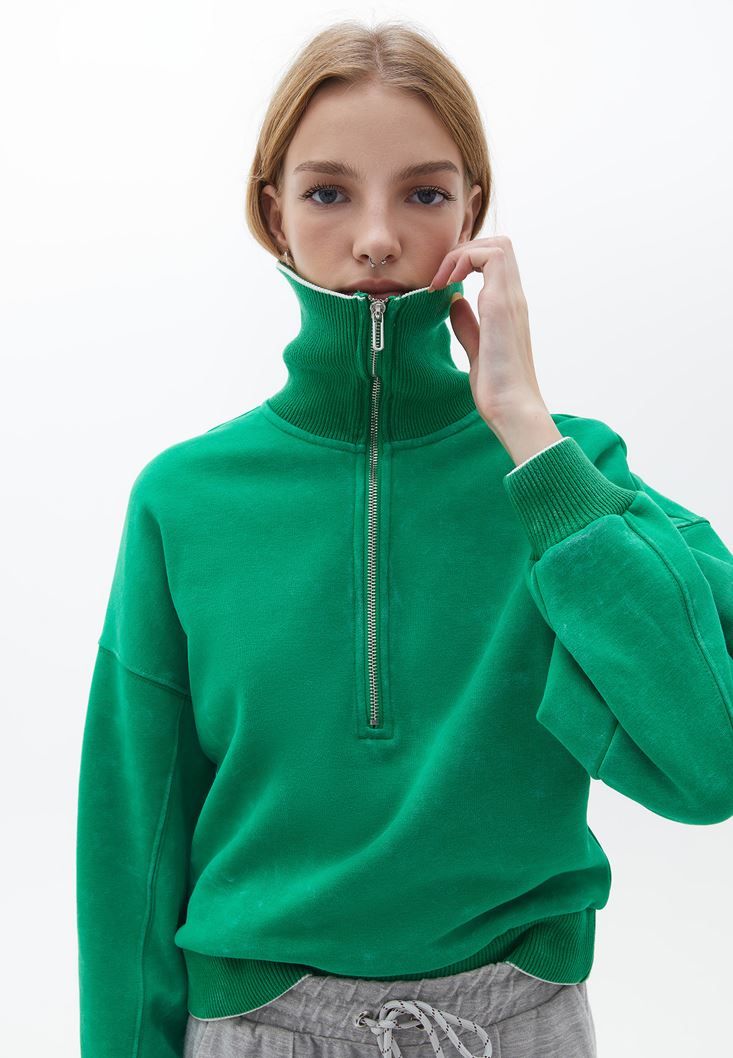 Bayan Yeşil Fermuar Detaylı Sweatshirt