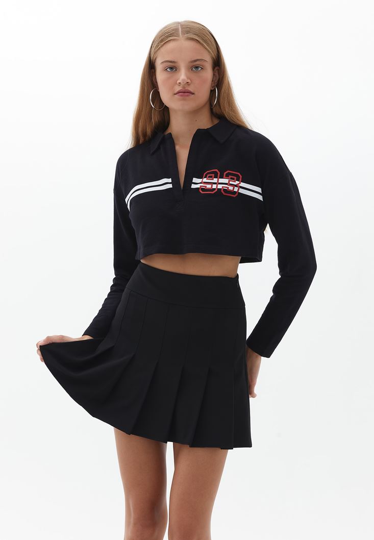 Bayan Siyah Polo Yaka Crop Sweatshirt