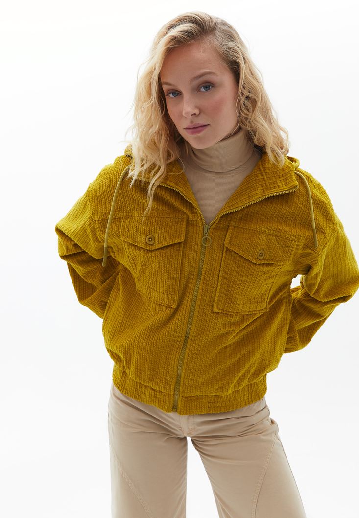 Bayan Sarı Oversize Kadife Ceket
